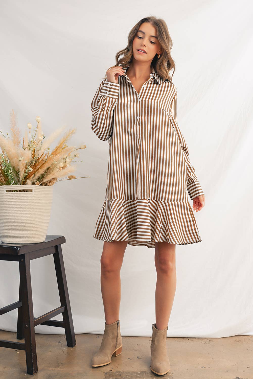 Stripe Ruffled Collared Long Sleeve Shirt Mini Dress | S-XL