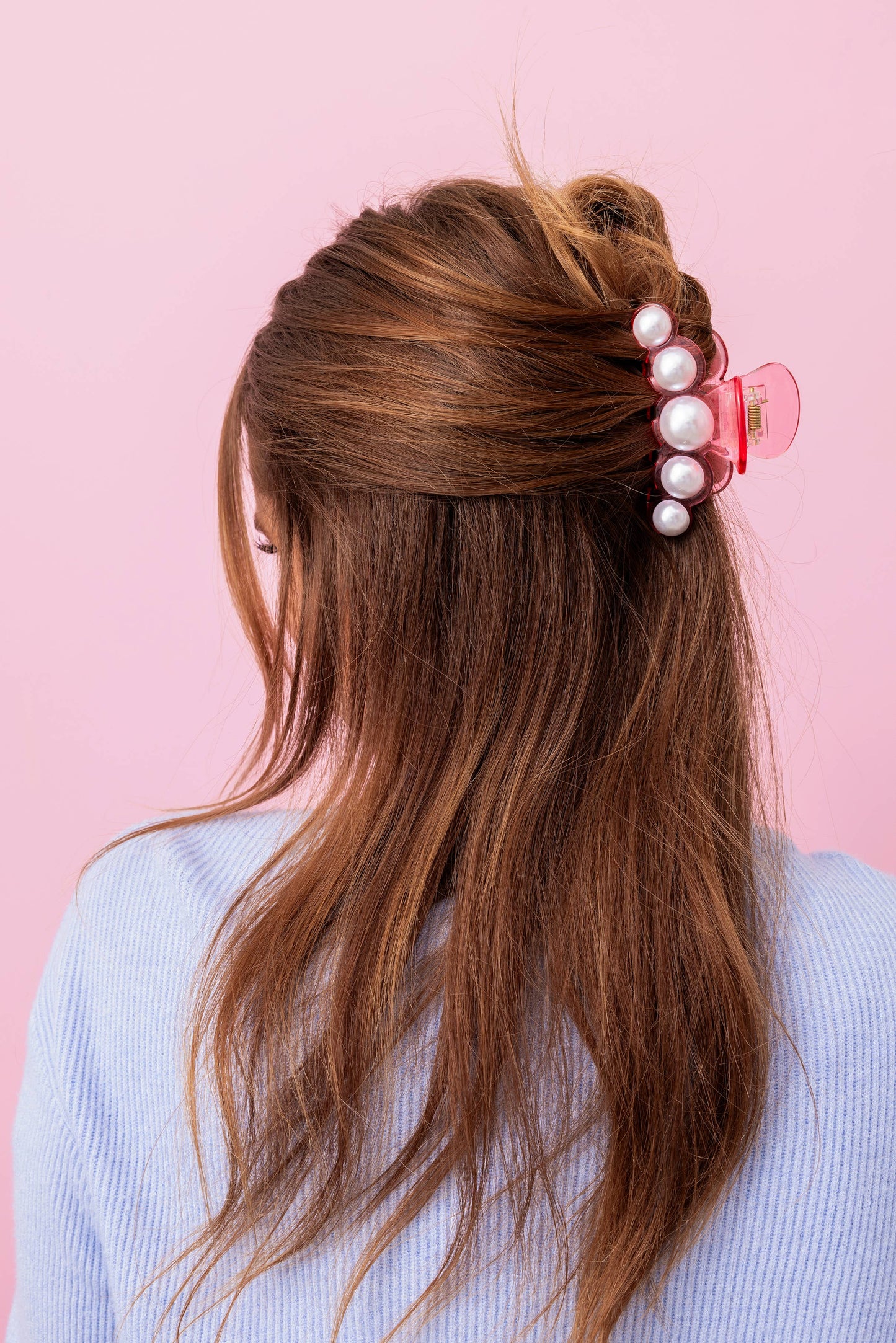 Claw Hair Clip - Large - Translucent Pink w/ Pearl Beads