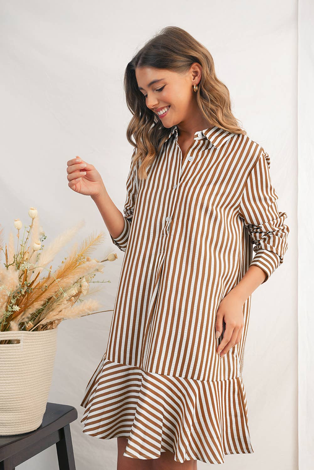 Stripe Ruffled Collared Long Sleeve Shirt Mini Dress | S-XL