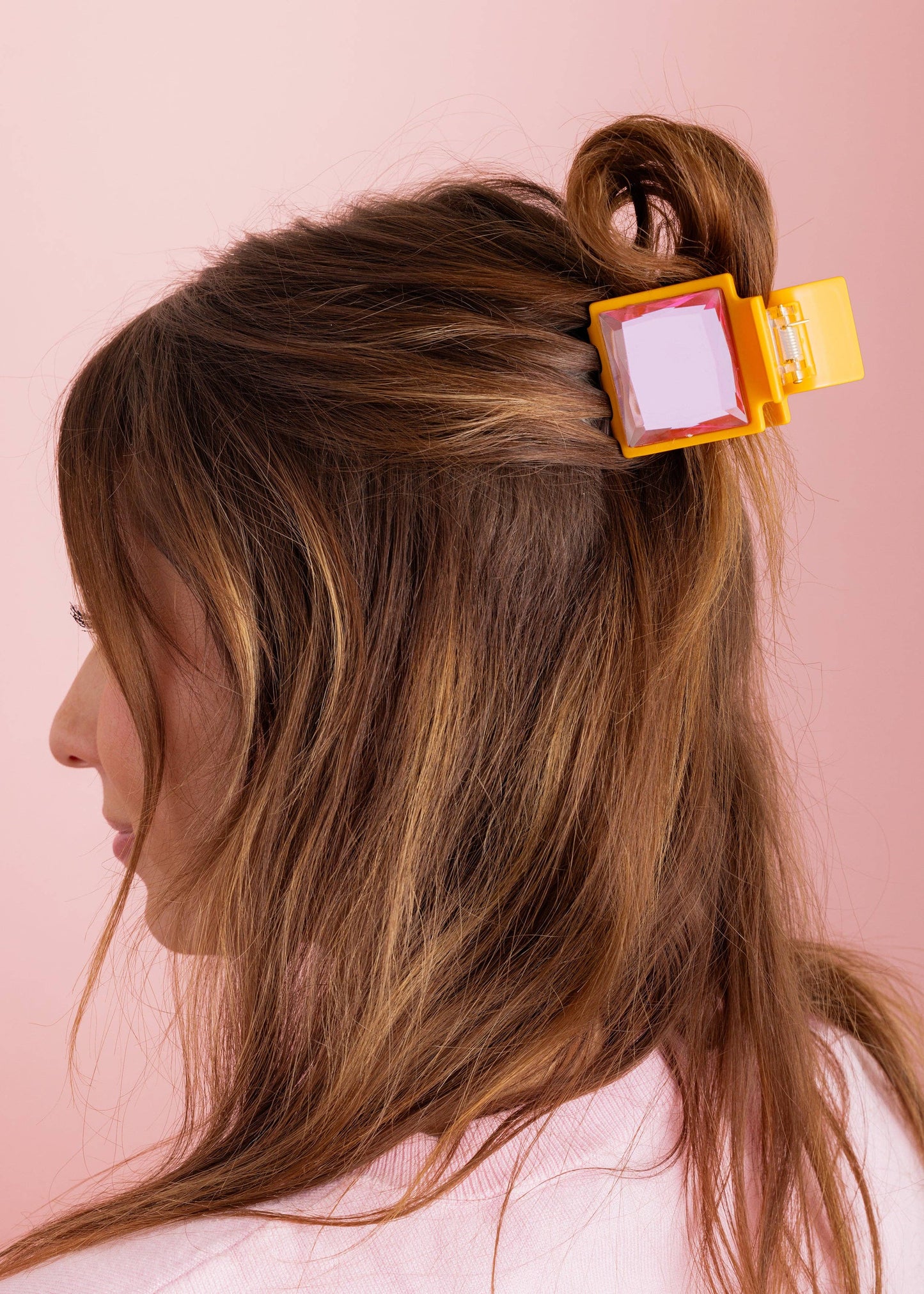 Claw Hair Clip - Small - Orange w/ Pink Square Gemstones