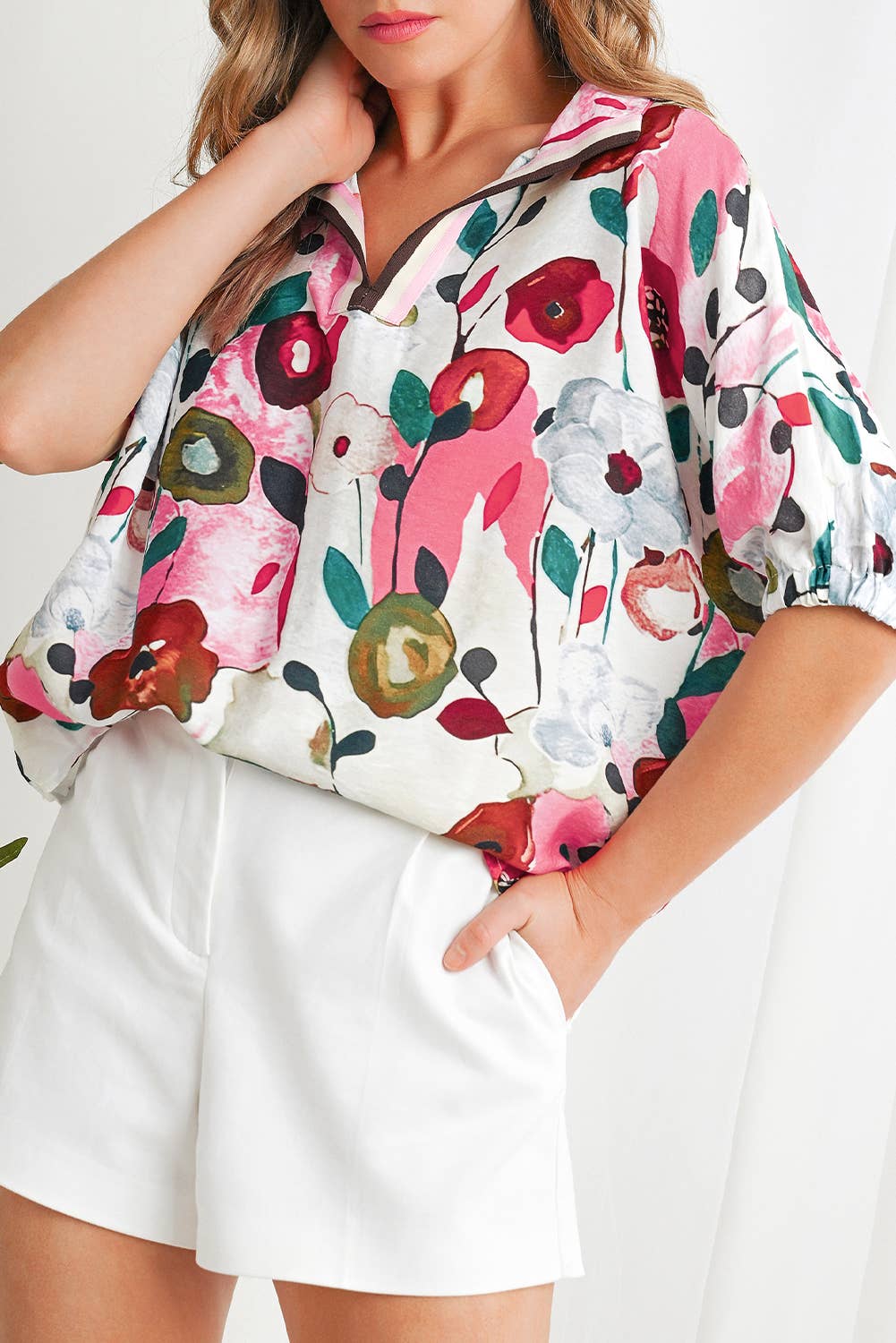 Floral Print Slit V Neck Blouse | S-XL