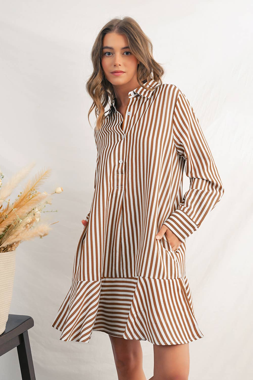Stripe Ruffled Collared Long Sleeve Shirt Mini Dress | S-XL