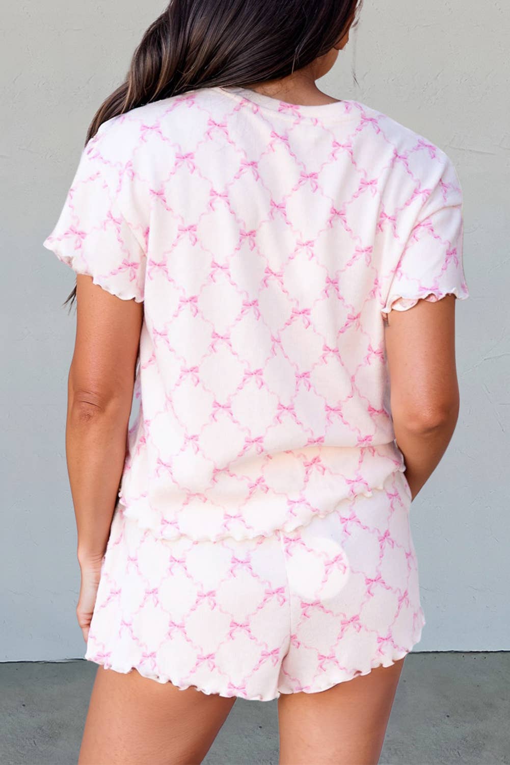 Bow Knot Lettuce Trim Two Piece Lounge Shorts Set | S-XL