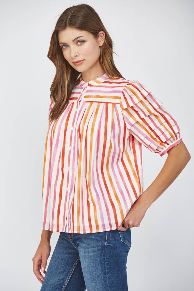 STRIPE COTTON POPLIN TUCK DETAIL PUFF SLV SHIRT FT22203