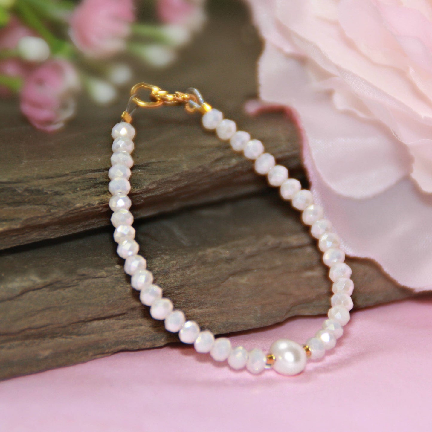 Opaque Pink and Pearl Infant 4.5" Bracelet CJ-146-4