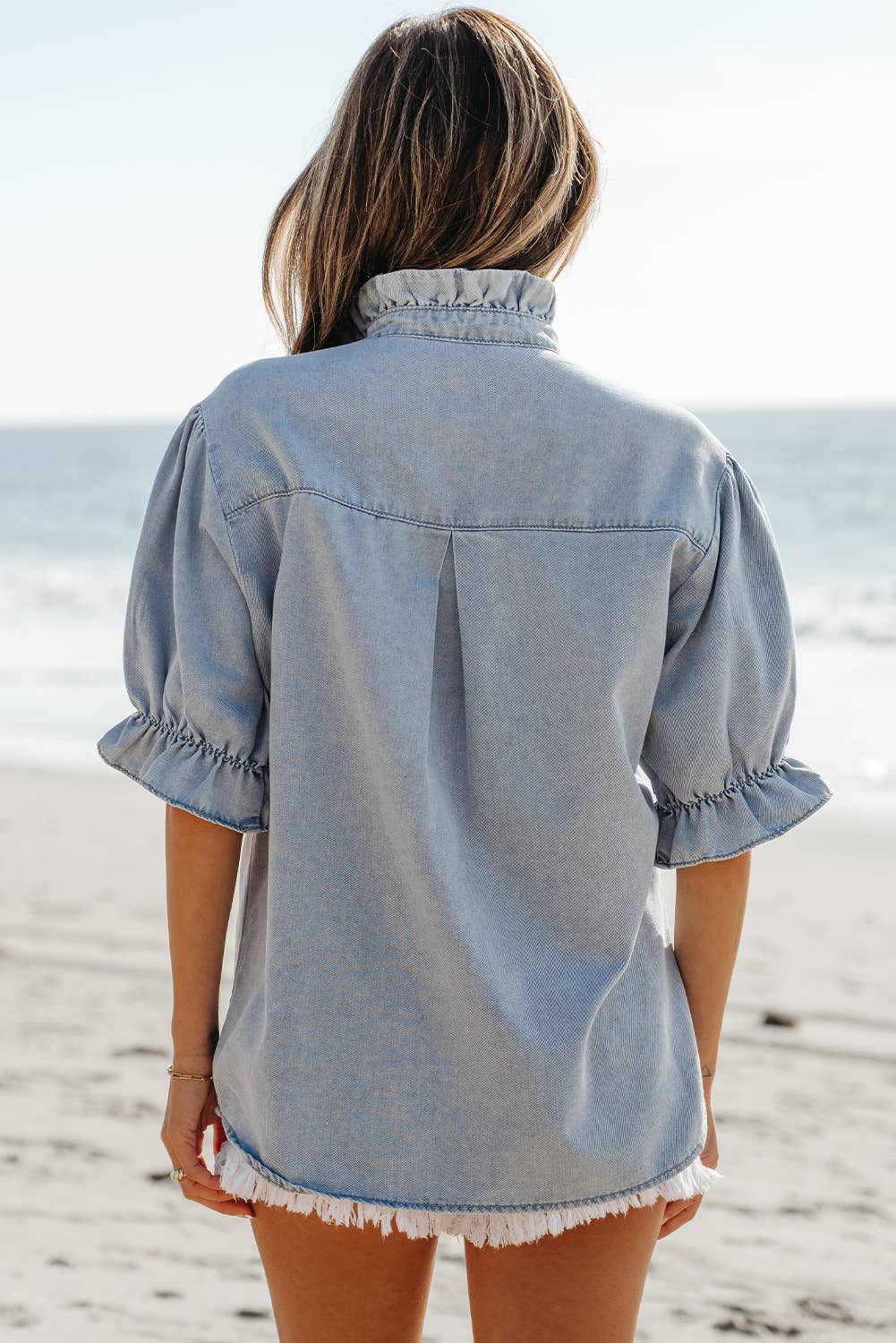 Ruffle Short Puff Sleeve Chambray Shirt | S-XL