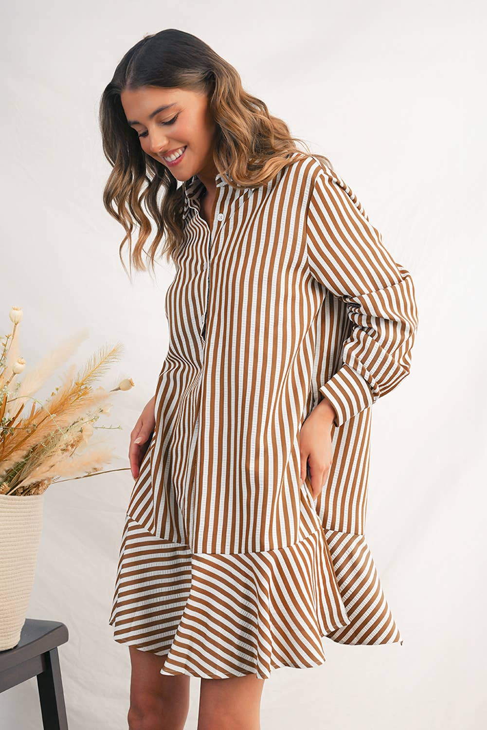 Stripe Ruffled Collared Long Sleeve Shirt Mini Dress | S-XL