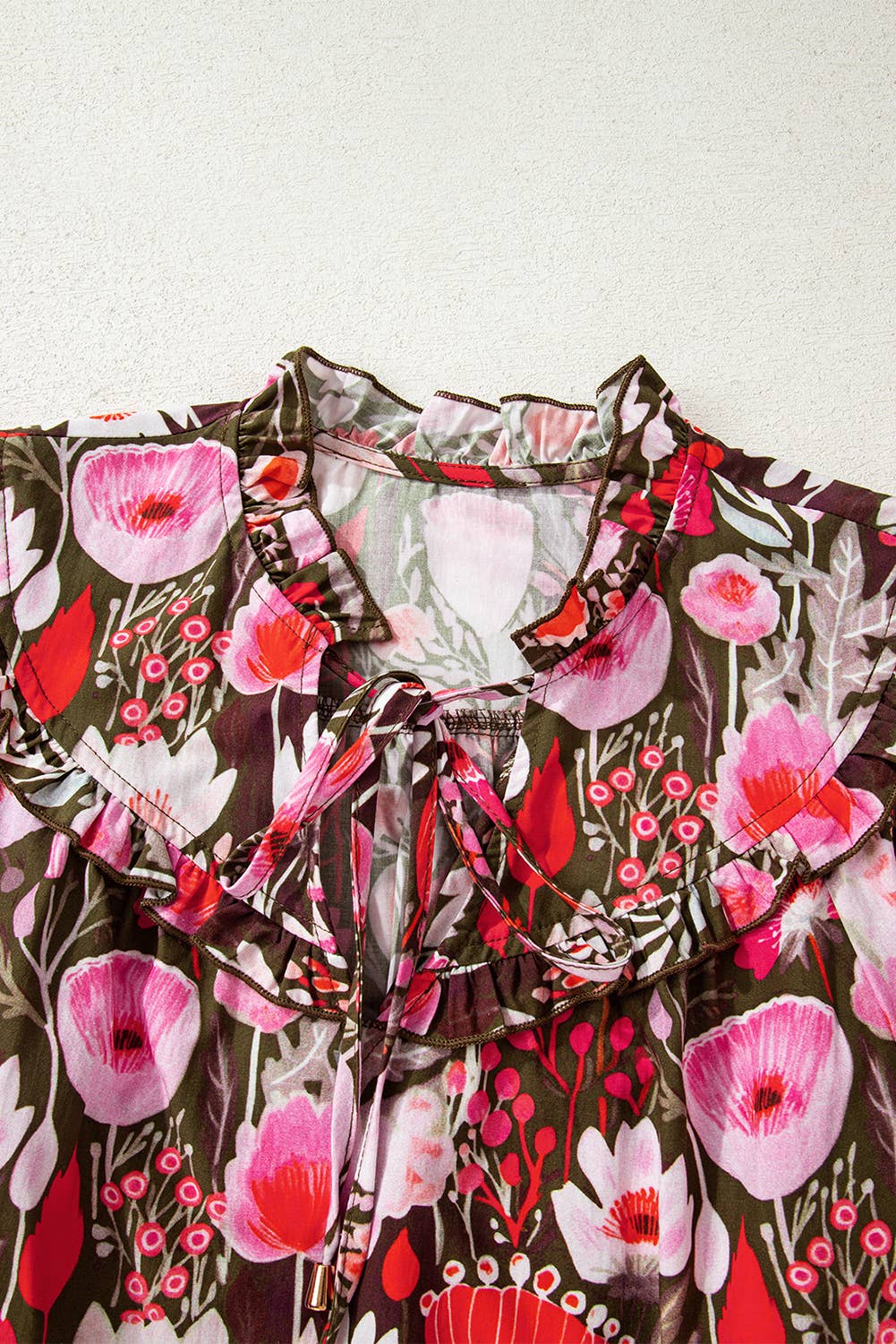 Floral 3/4 Sleeve Tie Neck Blouse | S-XL