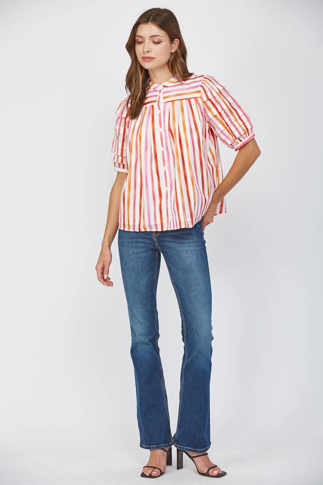 STRIPE COTTON POPLIN TUCK DETAIL PUFF SLV SHIRT FT22203