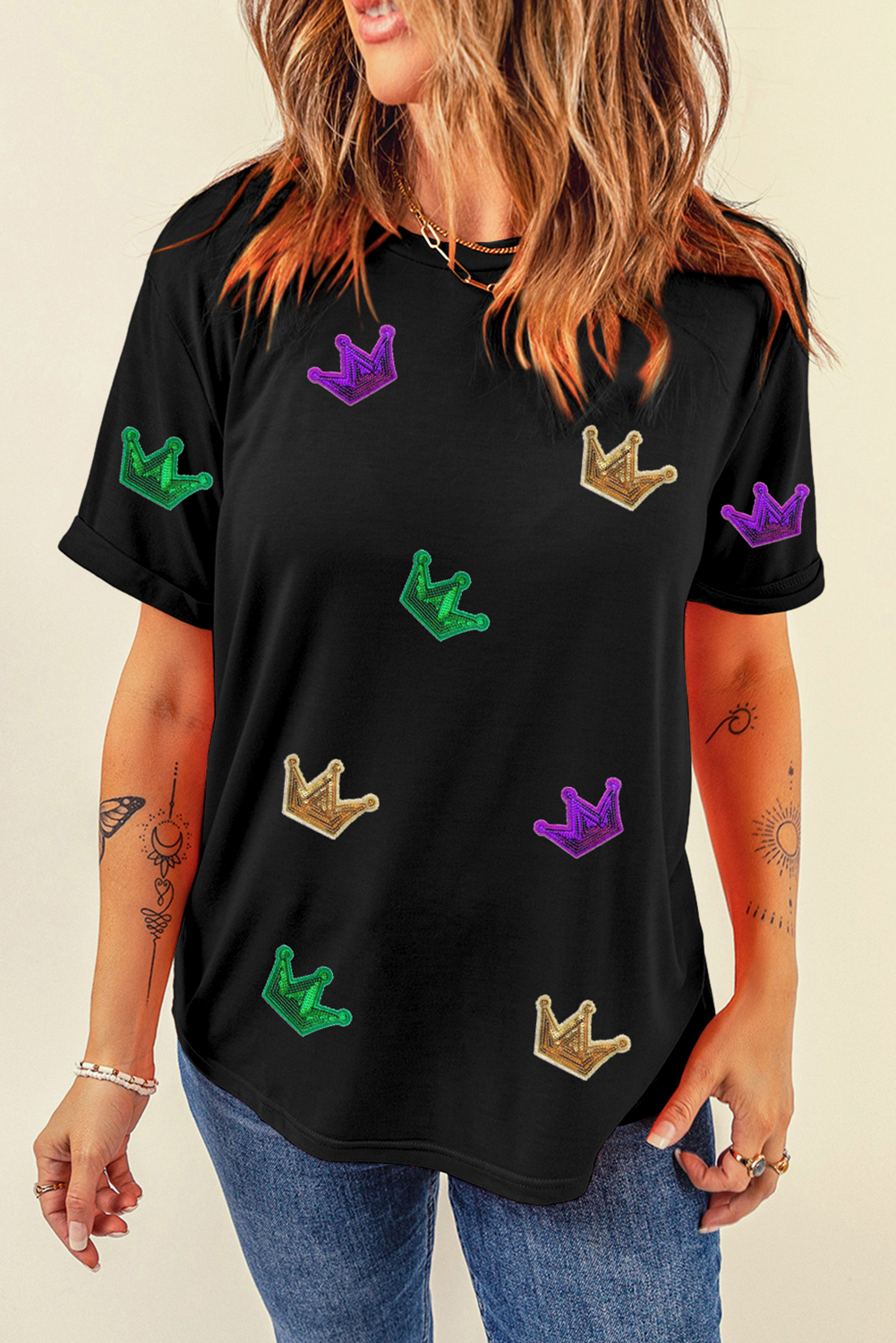 Mardi Gras Crowns Sequin Patch Graphic T Shirt | S-3XL