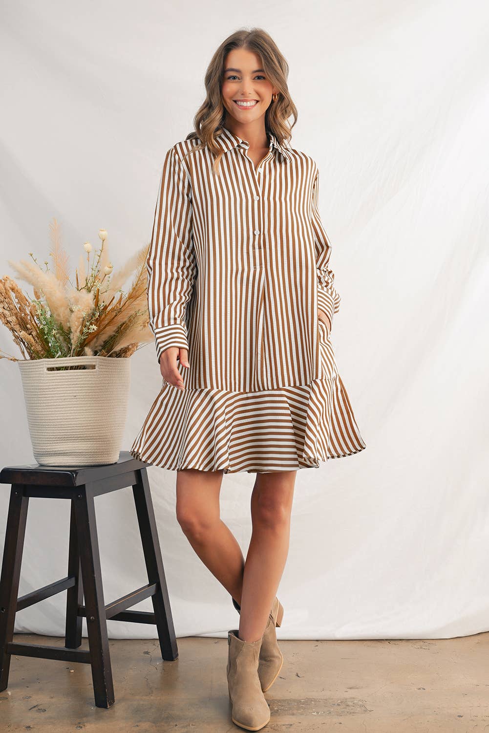 Stripe Ruffled Collared Long Sleeve Shirt Mini Dress | S-XL