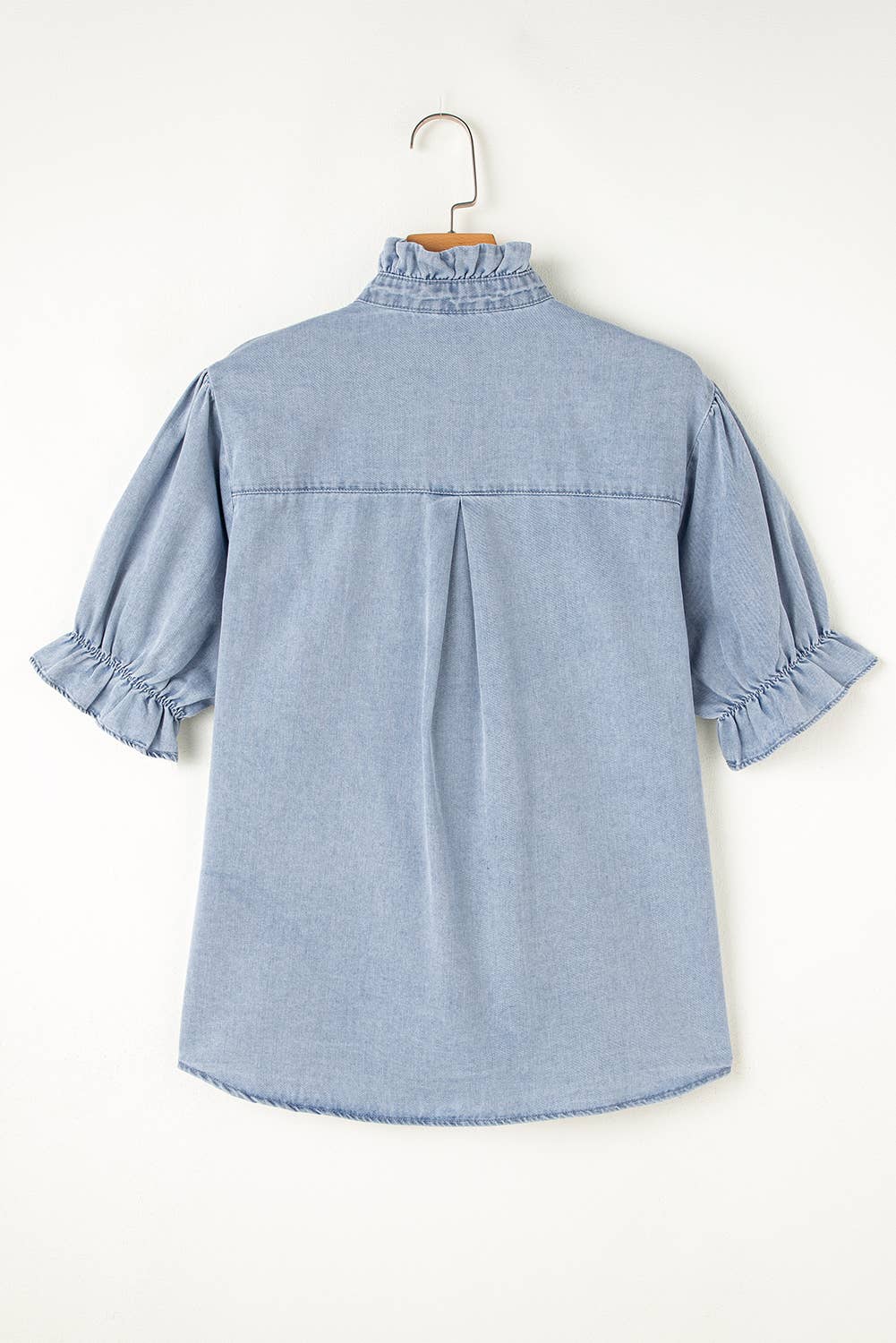 Ruffle Short Puff Sleeve Chambray Shirt | S-XL
