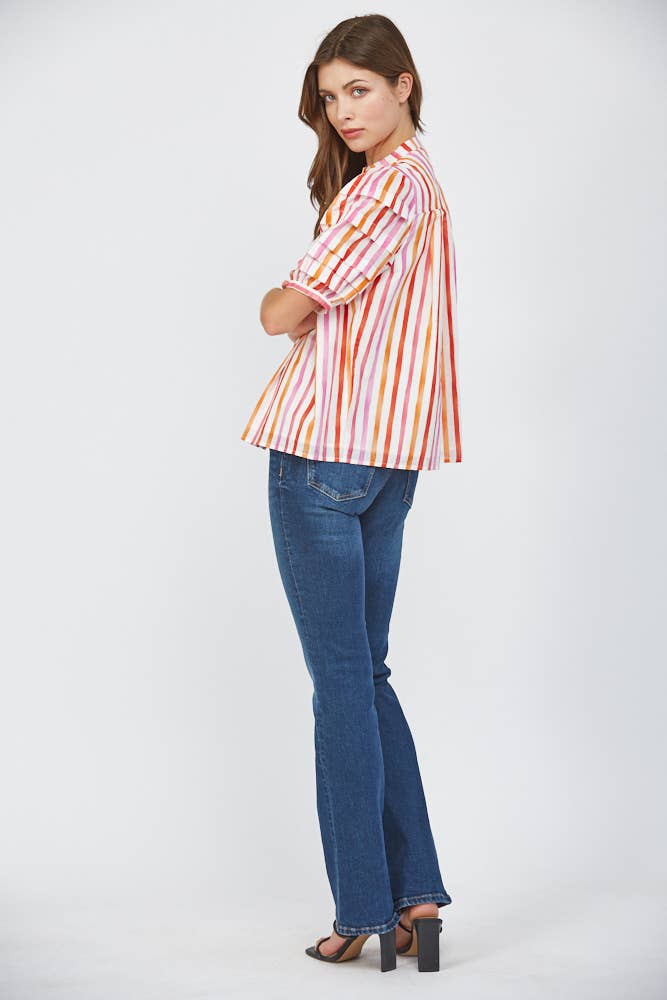 STRIPE COTTON POPLIN TUCK DETAIL PUFF SLV SHIRT FT22203
