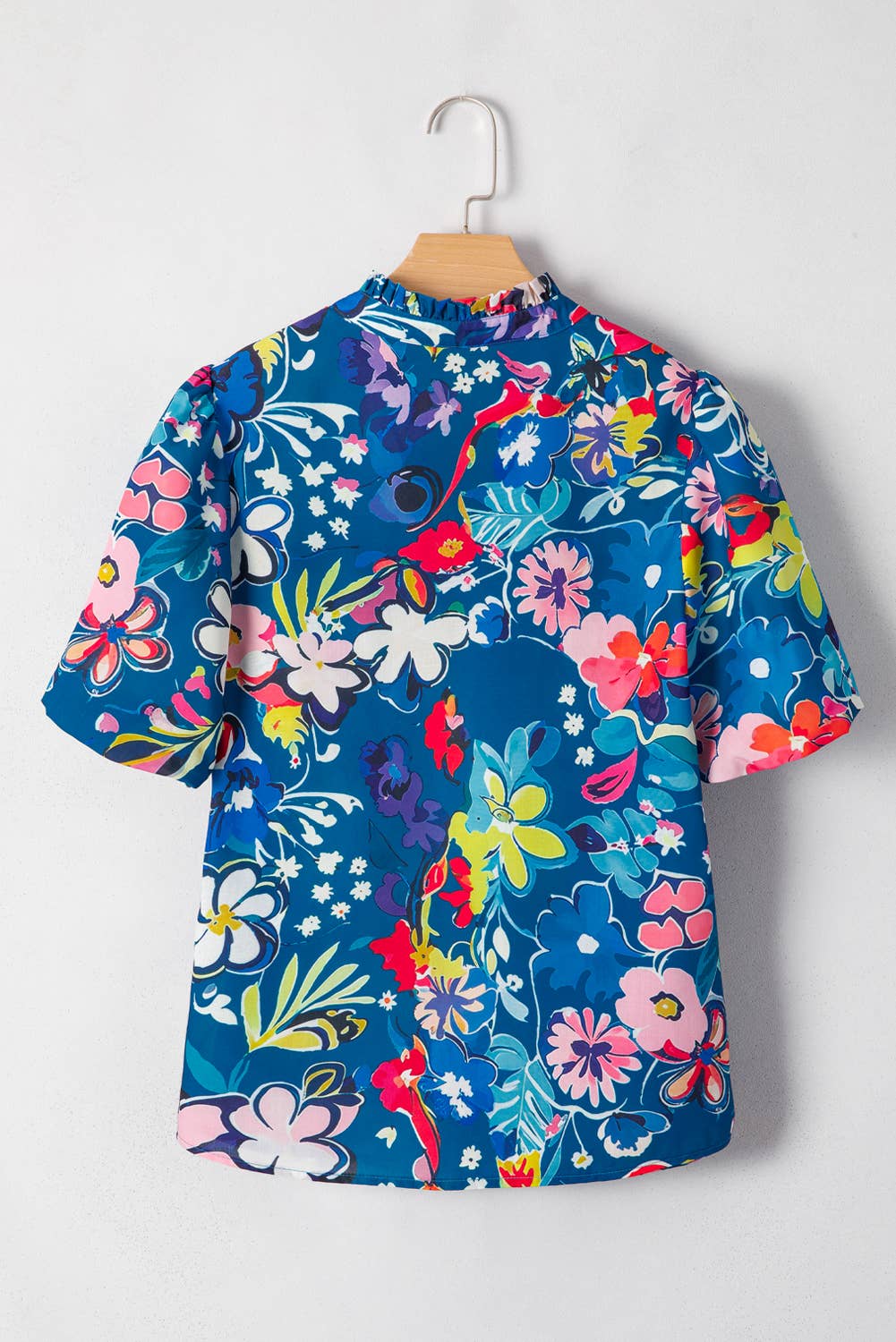 Flower Print Collared Puff Short Sleeve Loose Blouse | S-XL