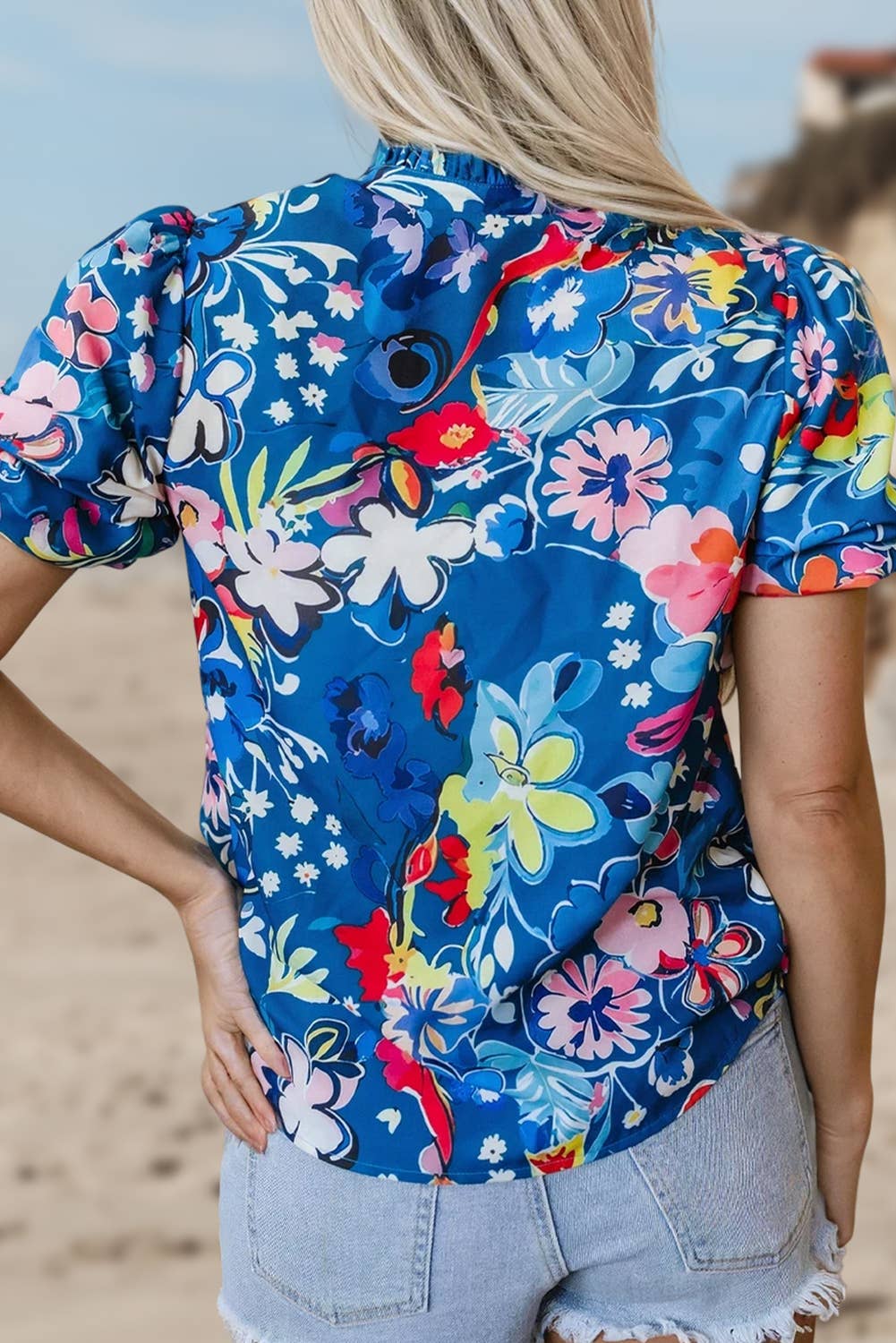 Flower Print Collared Puff Short Sleeve Loose Blouse | S-XL