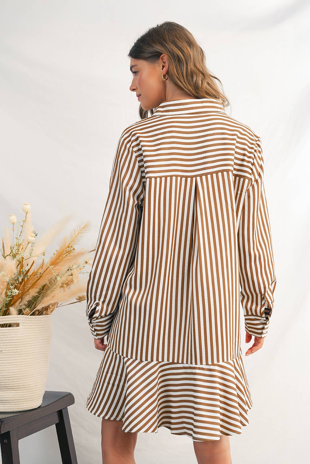 Stripe Ruffled Collared Long Sleeve Shirt Mini Dress | S-XL