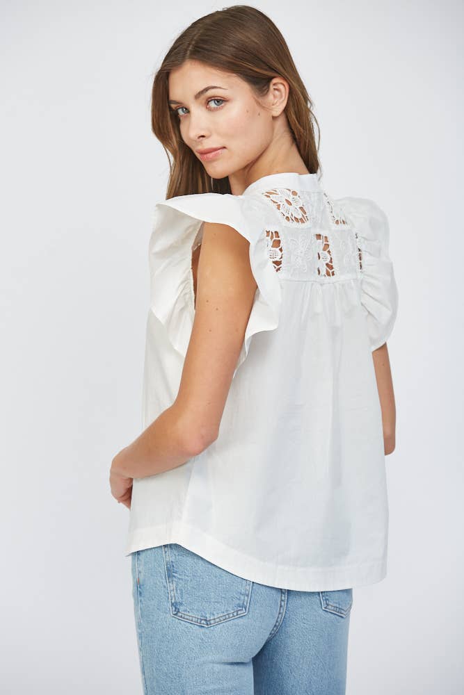CONTRAST LACE INSERT FLUTTER SLV BLOUSE FT22208