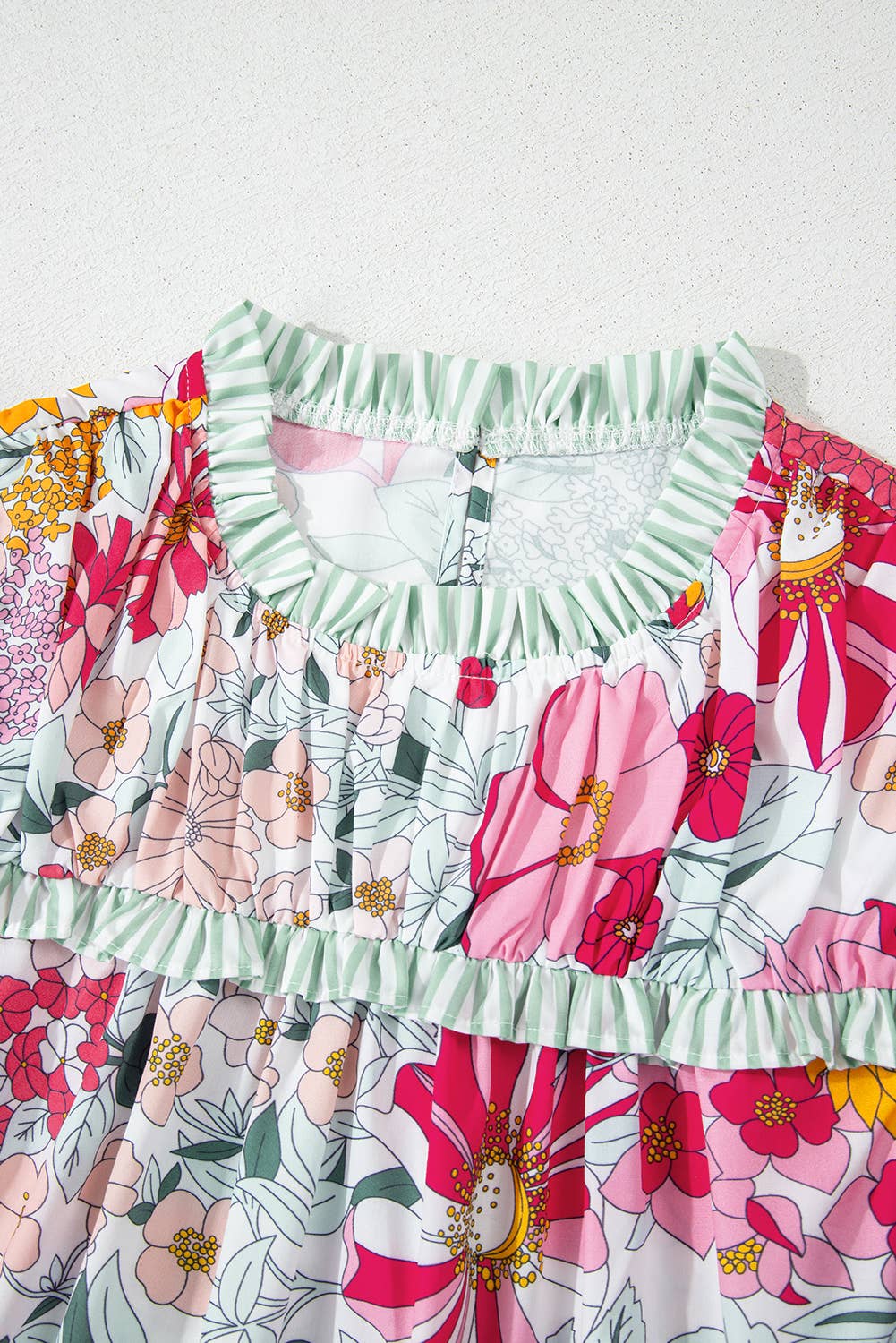 Chic Floral Print Striped Ruffle Trim Blouse | S-XL