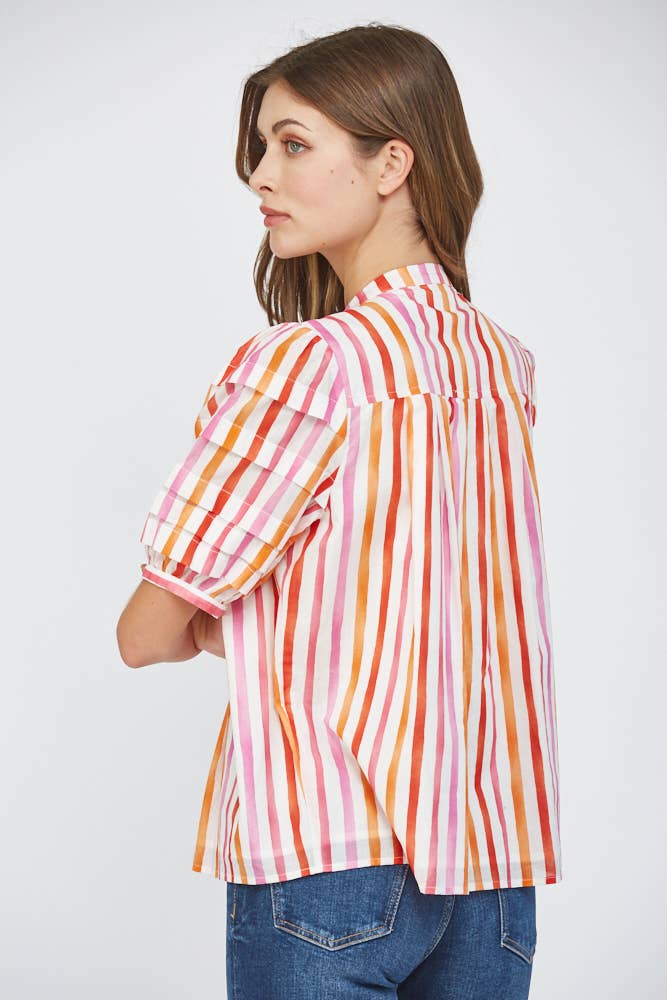 STRIPE COTTON POPLIN TUCK DETAIL PUFF SLV SHIRT FT22203
