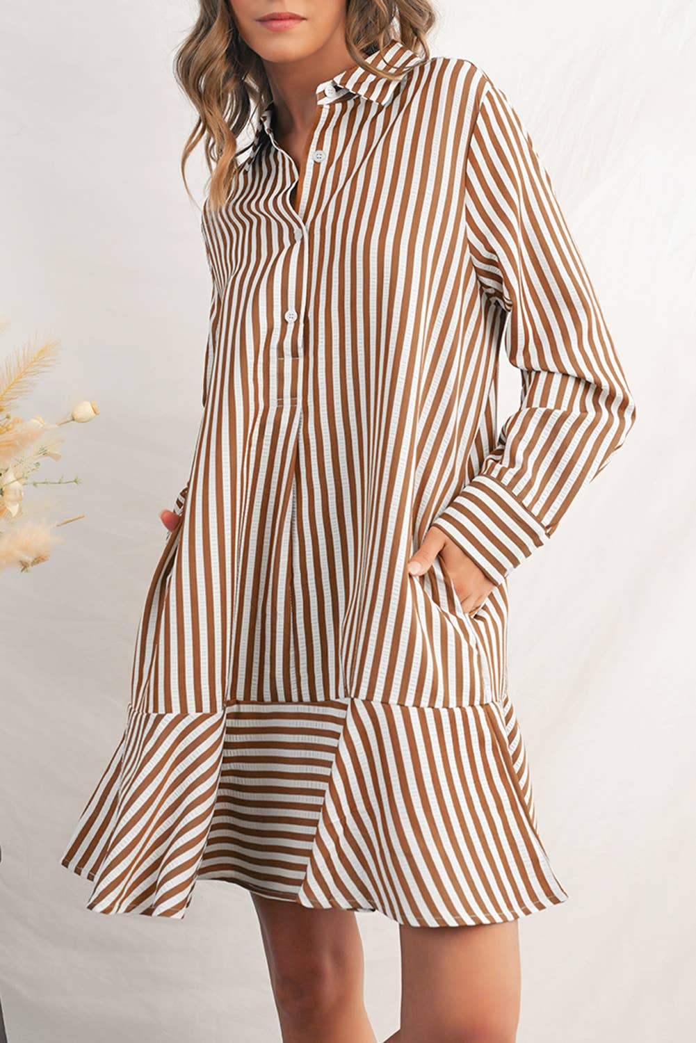 Stripe Ruffled Collared Long Sleeve Shirt Mini Dress | S-XL