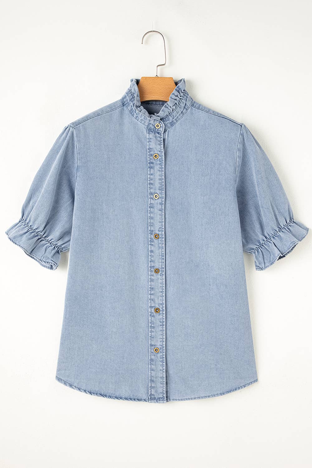 Ruffle Short Puff Sleeve Chambray Shirt | S-XL