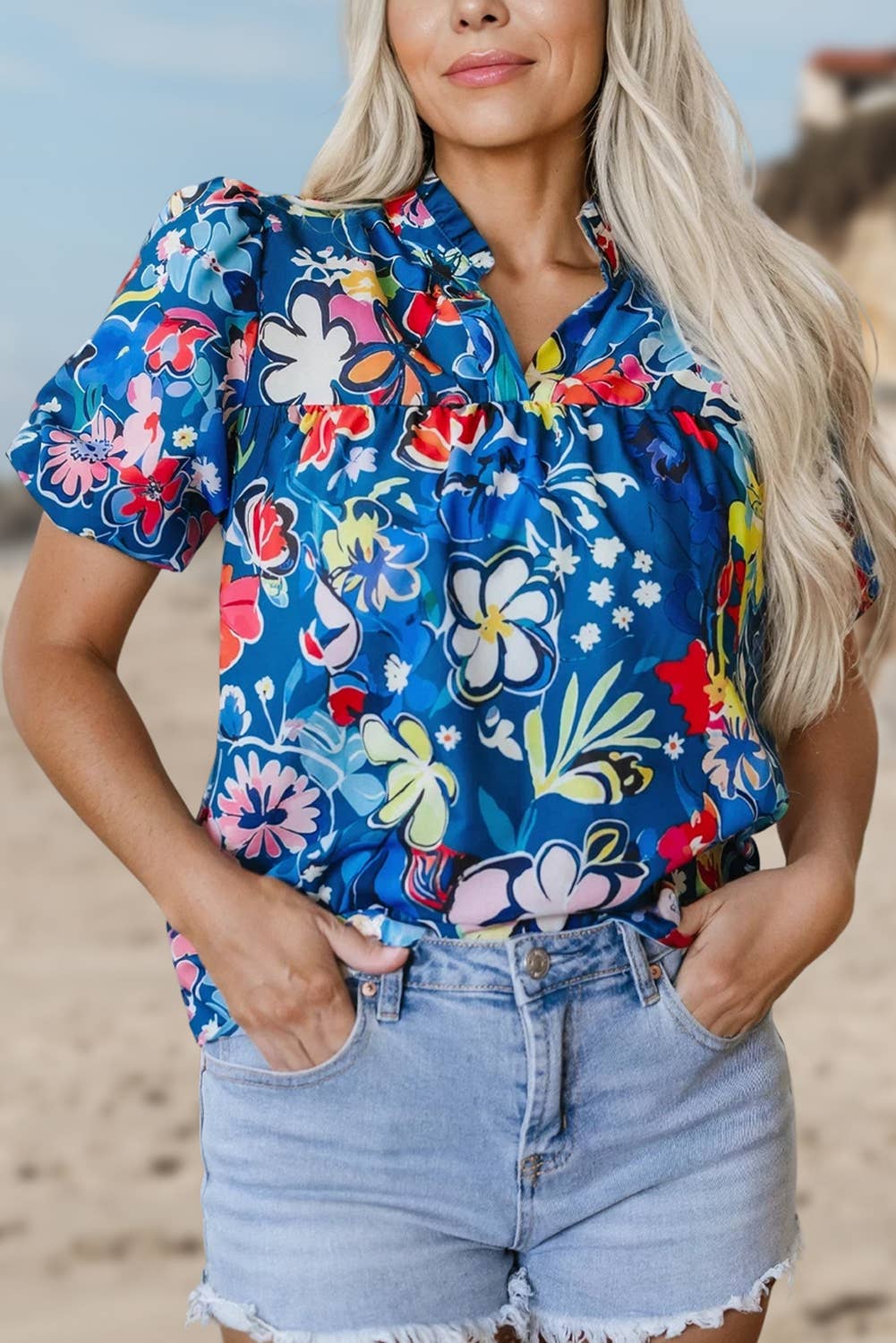 Flower Print Collared Puff Short Sleeve Loose Blouse | S-XL