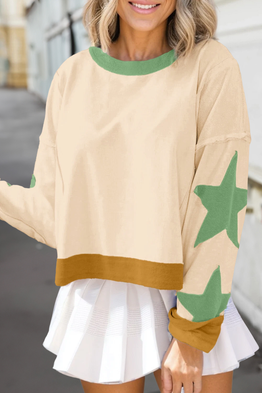 Women Star Exposed Seam Long Sleeved Loose Sweatshirt | S-XL