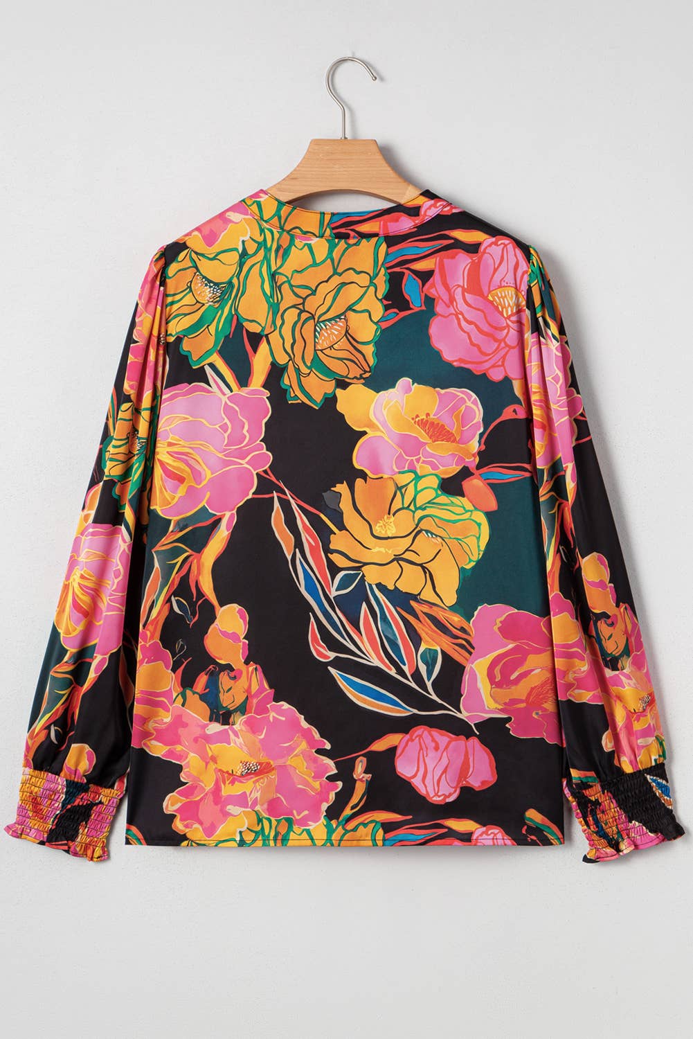 Floral Print Smocked Cuffs V Neck Blouse | S-XL