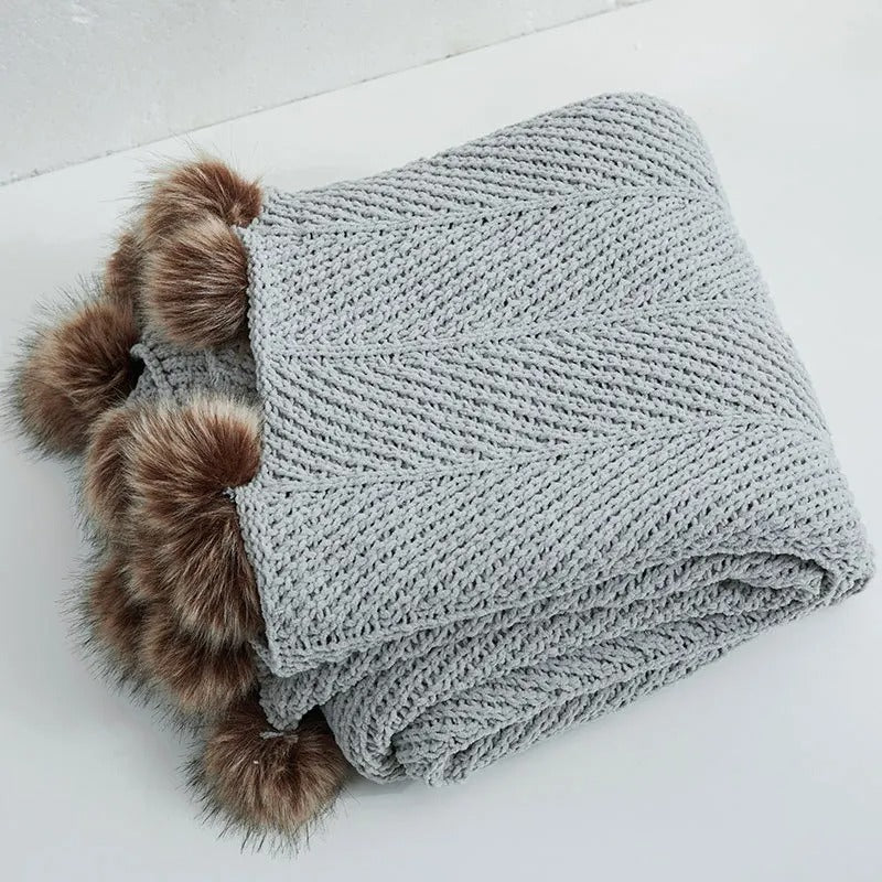 Chenille Pom Blanket - Grey