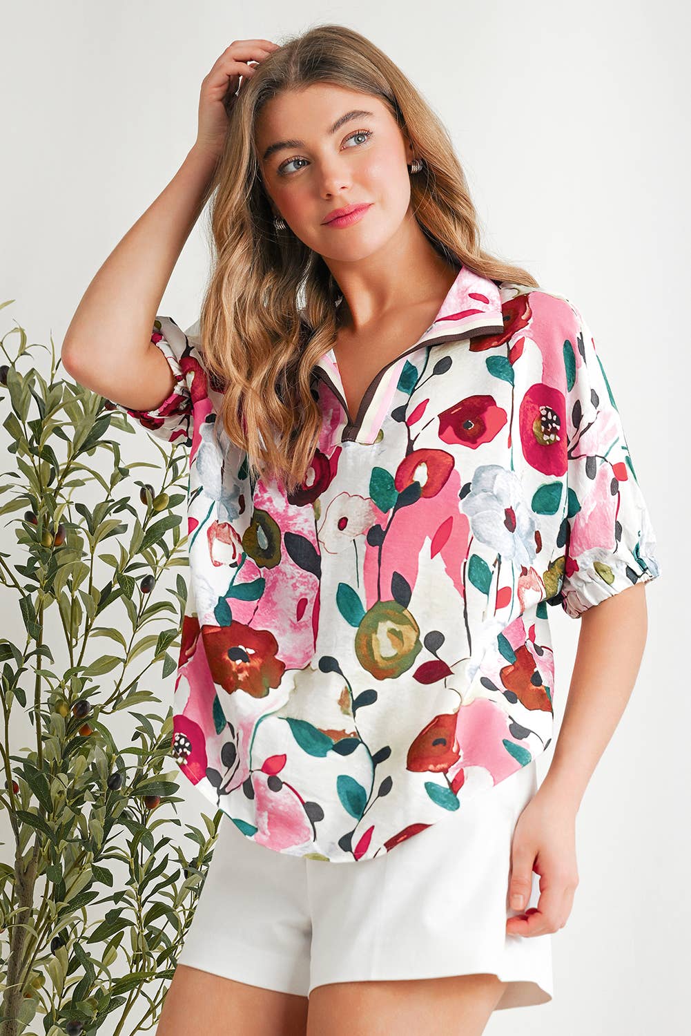Floral Print Slit V Neck Blouse | S-XL