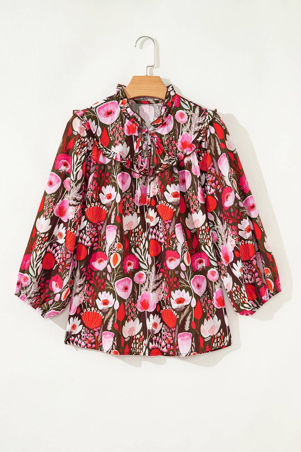Floral 3/4 Sleeve Tie Neck Blouse | S-XL