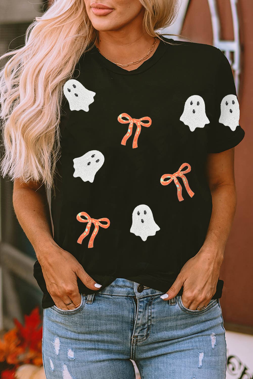 Sequin Bow Ghost Patch Halloween Graphic T-Shirt | S-3XL