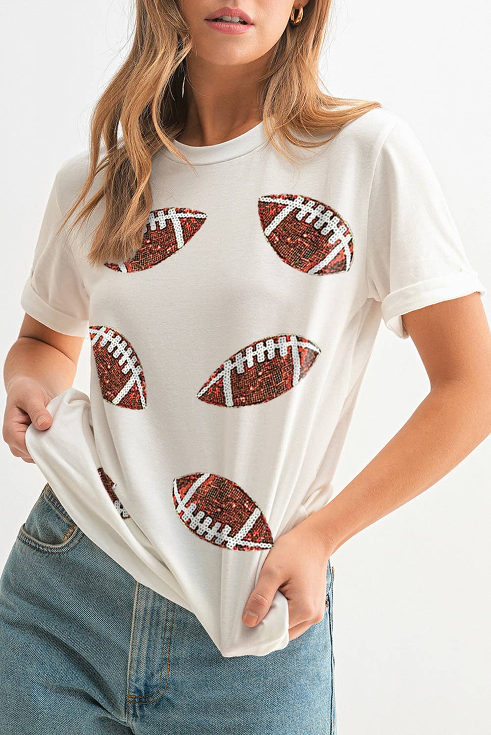 Rugby Football Sequin Patch Graphic T-Shirt