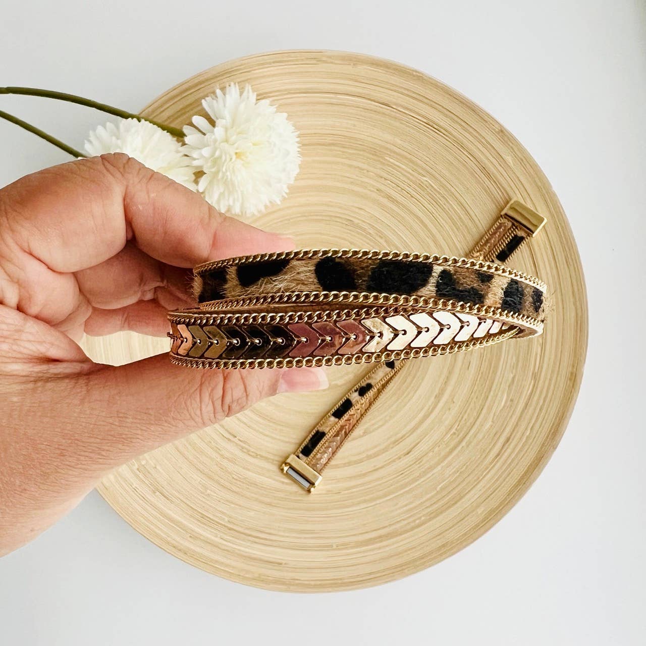 Gold Leopard Strap Bracelet | Magnetic Clasp | Boho Jewelry