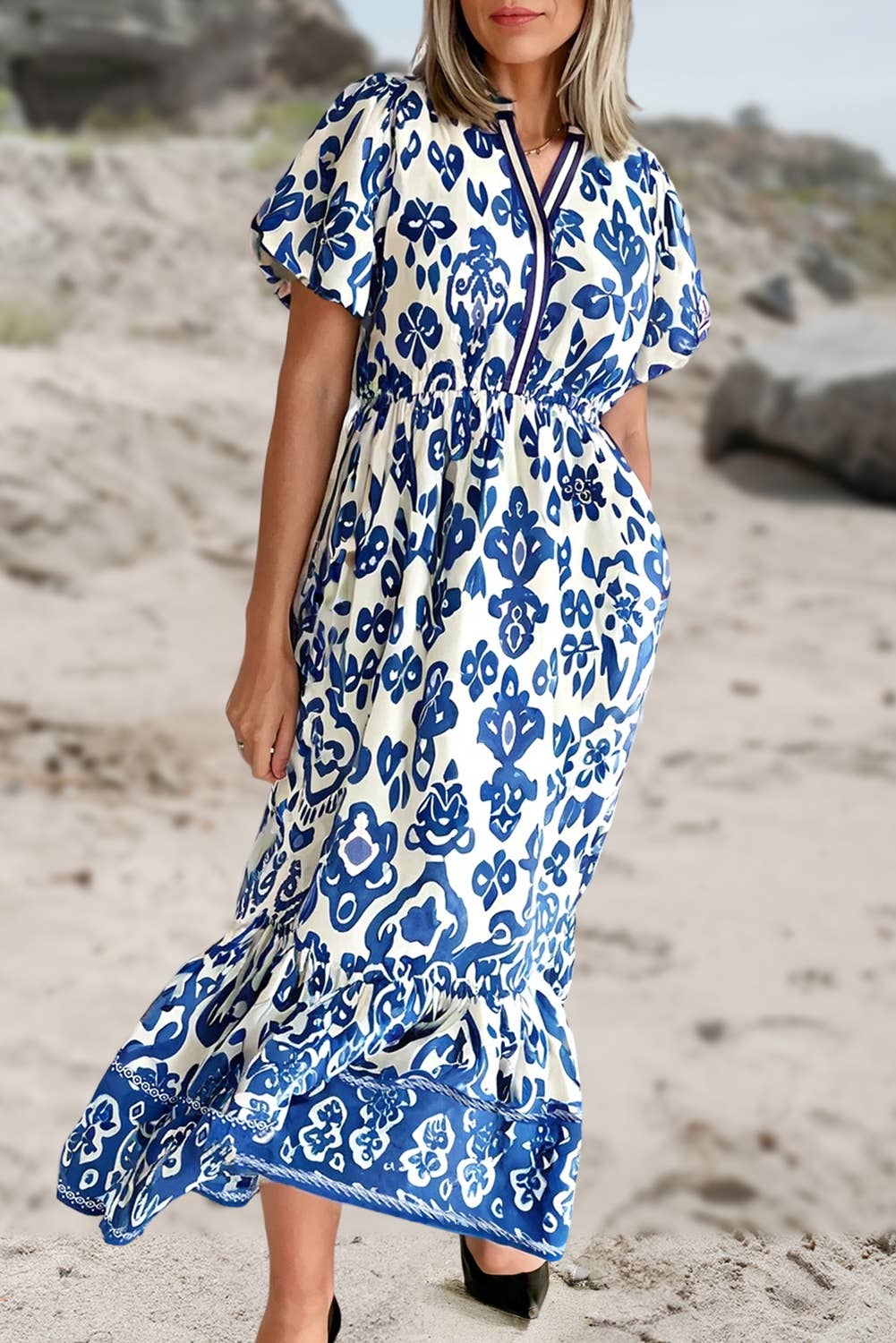 BOHO Floral Puff Sleeve High Waist Maxi Dress | S-XL
