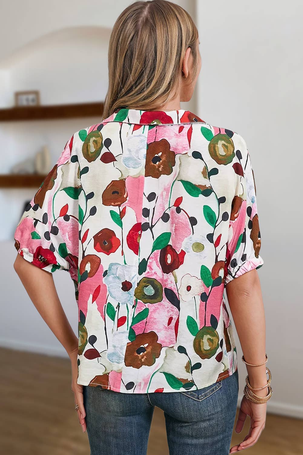 Floral Print Slit V Neck Blouse | S-XL