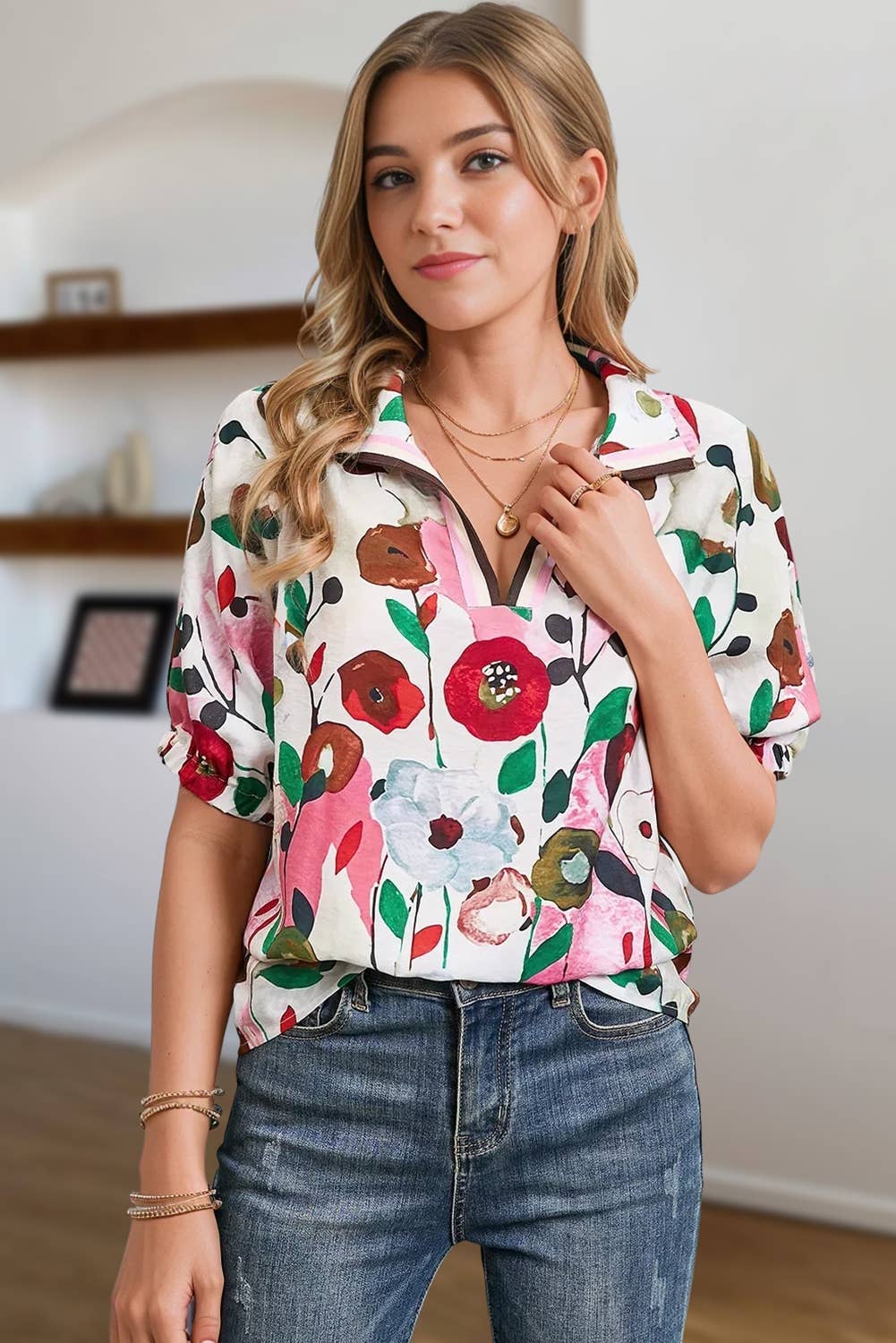 Floral Print Slit V Neck Blouse | S-XL