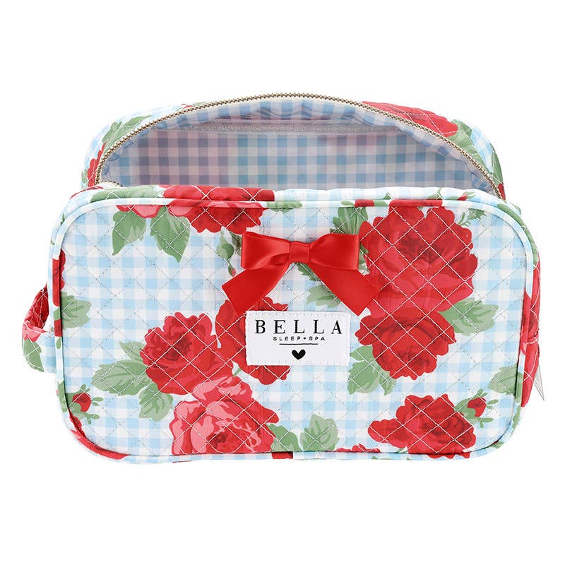 Quilted Cosmetic Bag - Blue Gingham + Red Roses