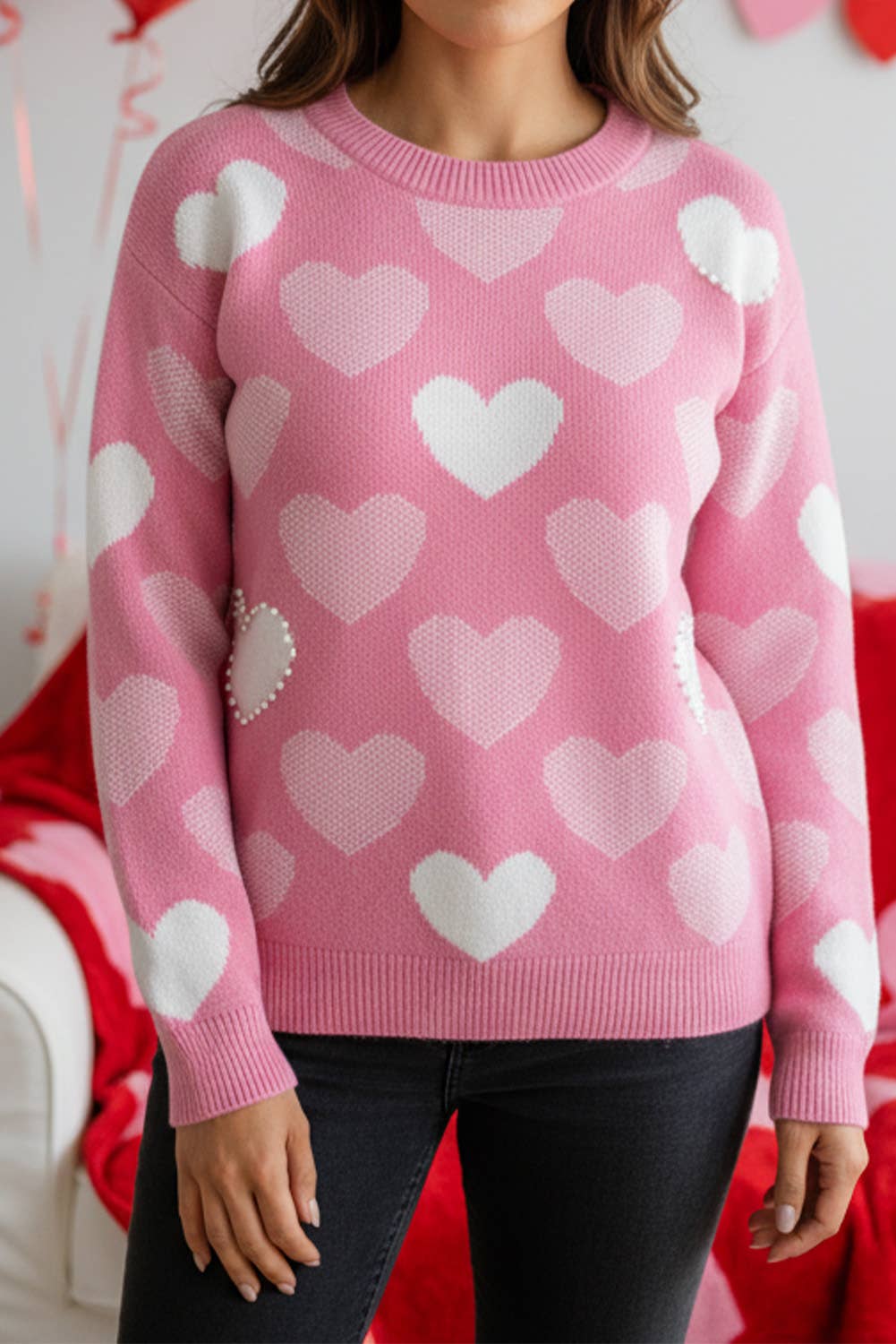 Pearled Heart Print Valentines Day Crew Neck Sweater | S-XL