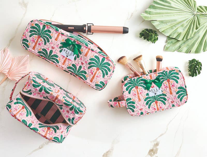 Quilted Cosmetic Bag - Pink + Palm Trees