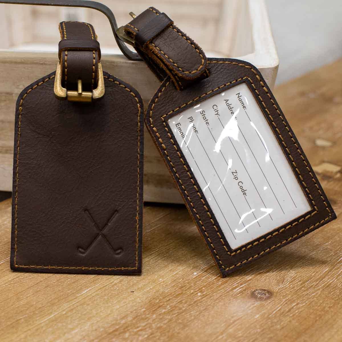 Golf Leather Embossed Luggage Tag Dark Brown 3x4.75