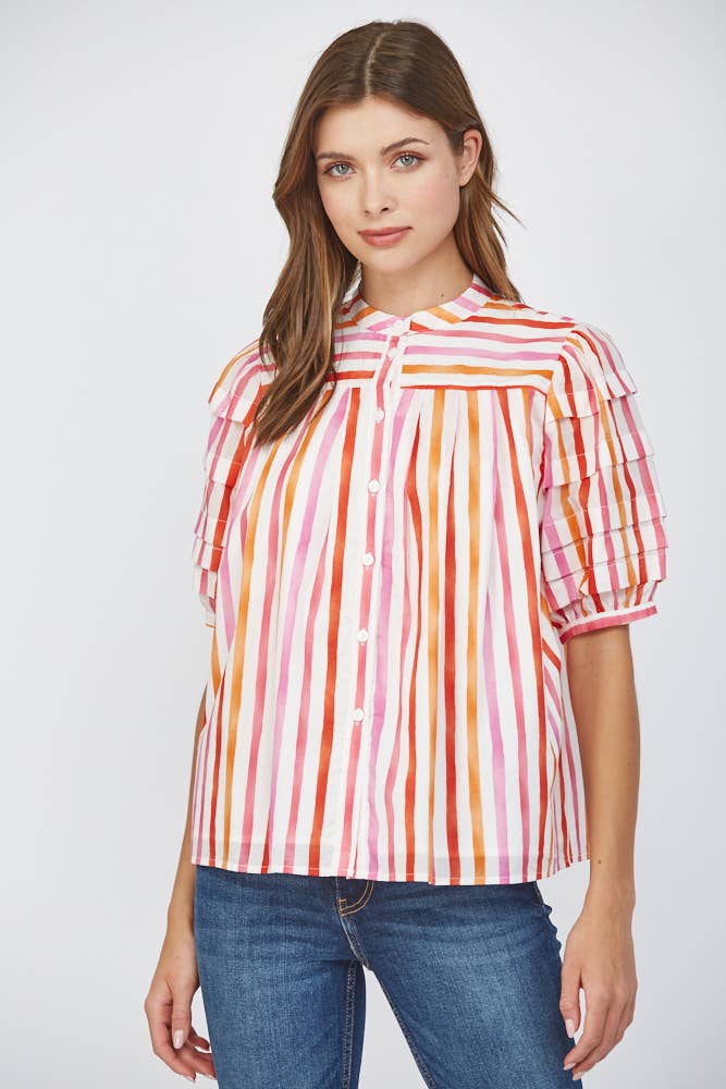 STRIPE COTTON POPLIN TUCK DETAIL PUFF SLV SHIRT FT22203