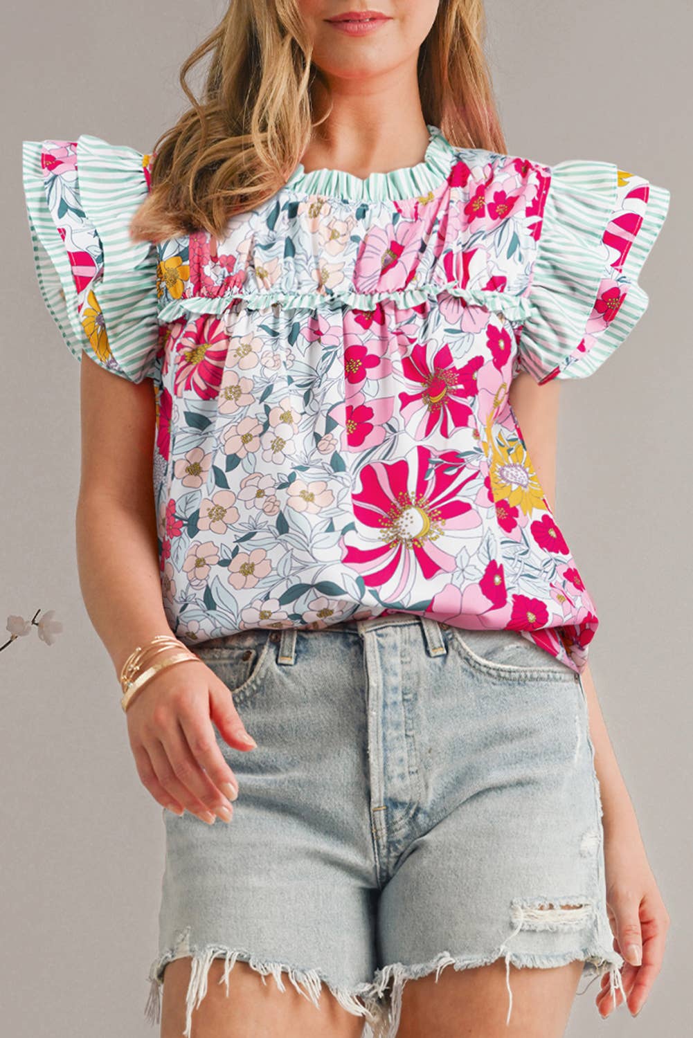 Chic Floral Print Striped Ruffle Trim Blouse | S-XL