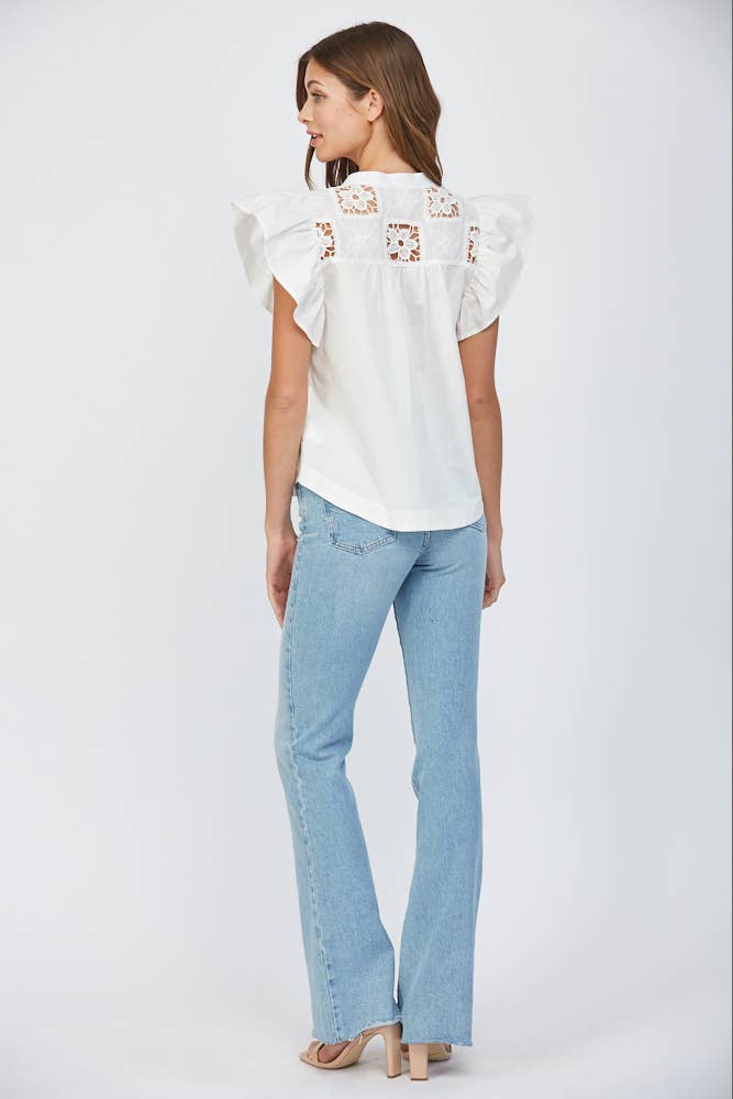 CONTRAST LACE INSERT FLUTTER SLV BLOUSE FT22208