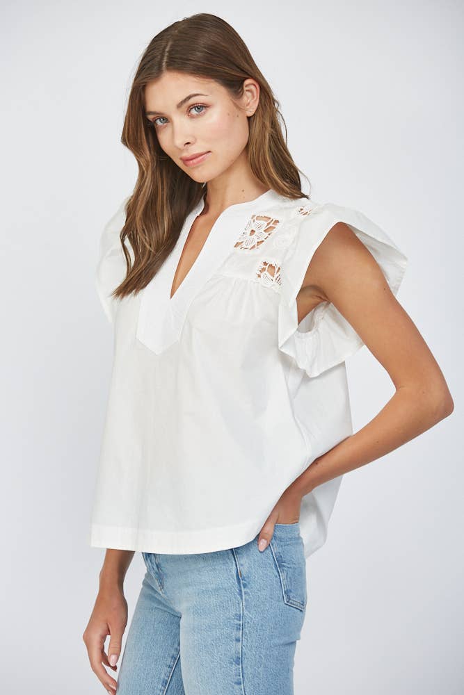 CONTRAST LACE INSERT FLUTTER SLV BLOUSE FT22208