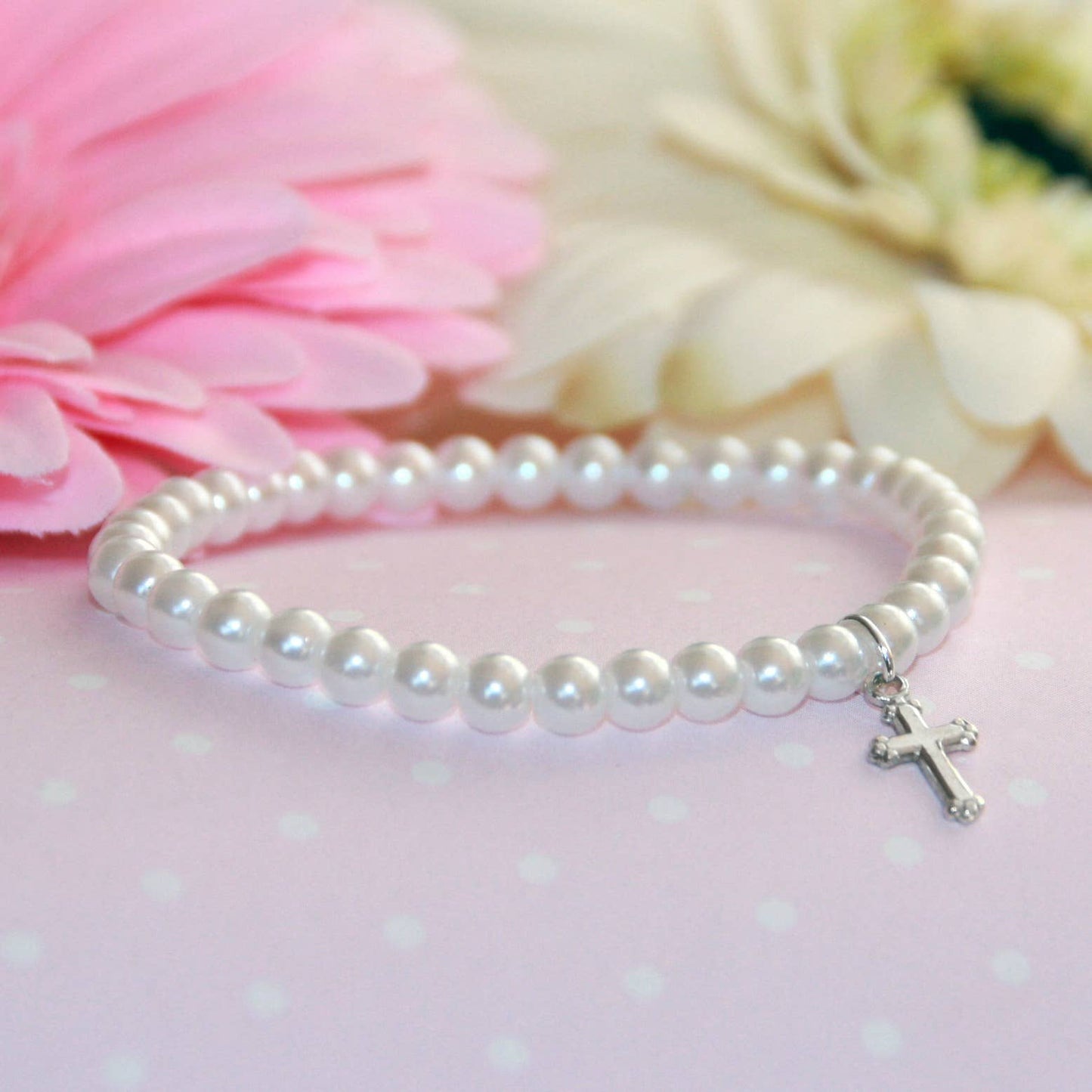 Rhodium Cross Pearl stretchy 5" Bracelet CJ-5035