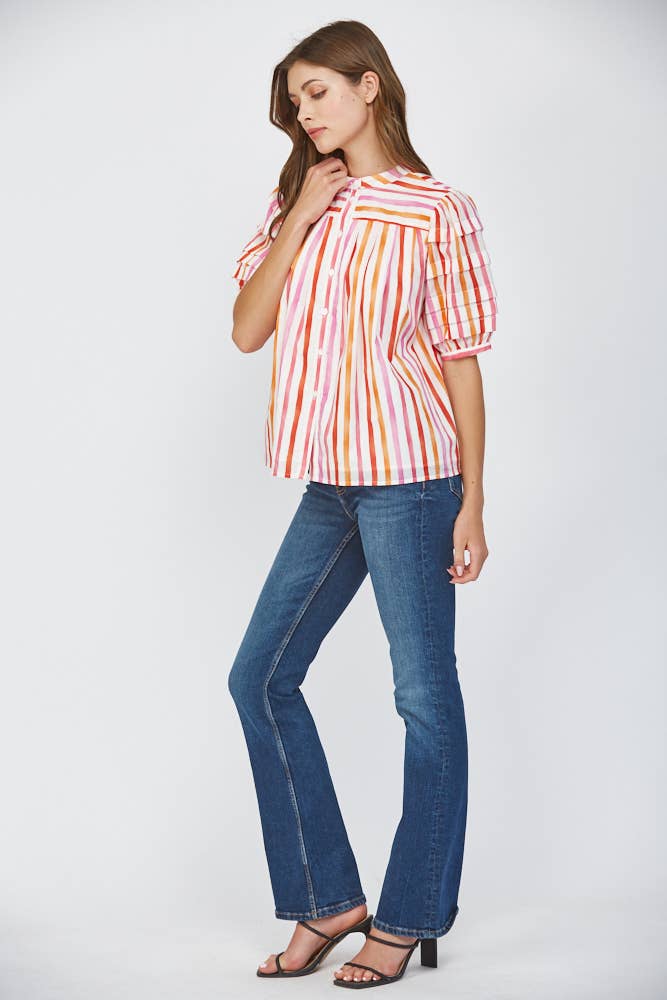 STRIPE COTTON POPLIN TUCK DETAIL PUFF SLV SHIRT FT22203