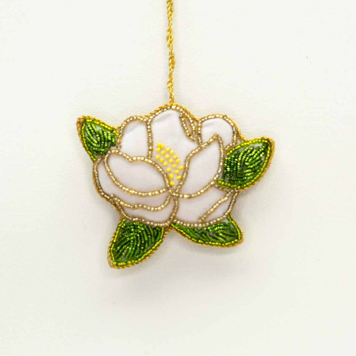 Magnolia Beaded Ornament Cream/Green 4"