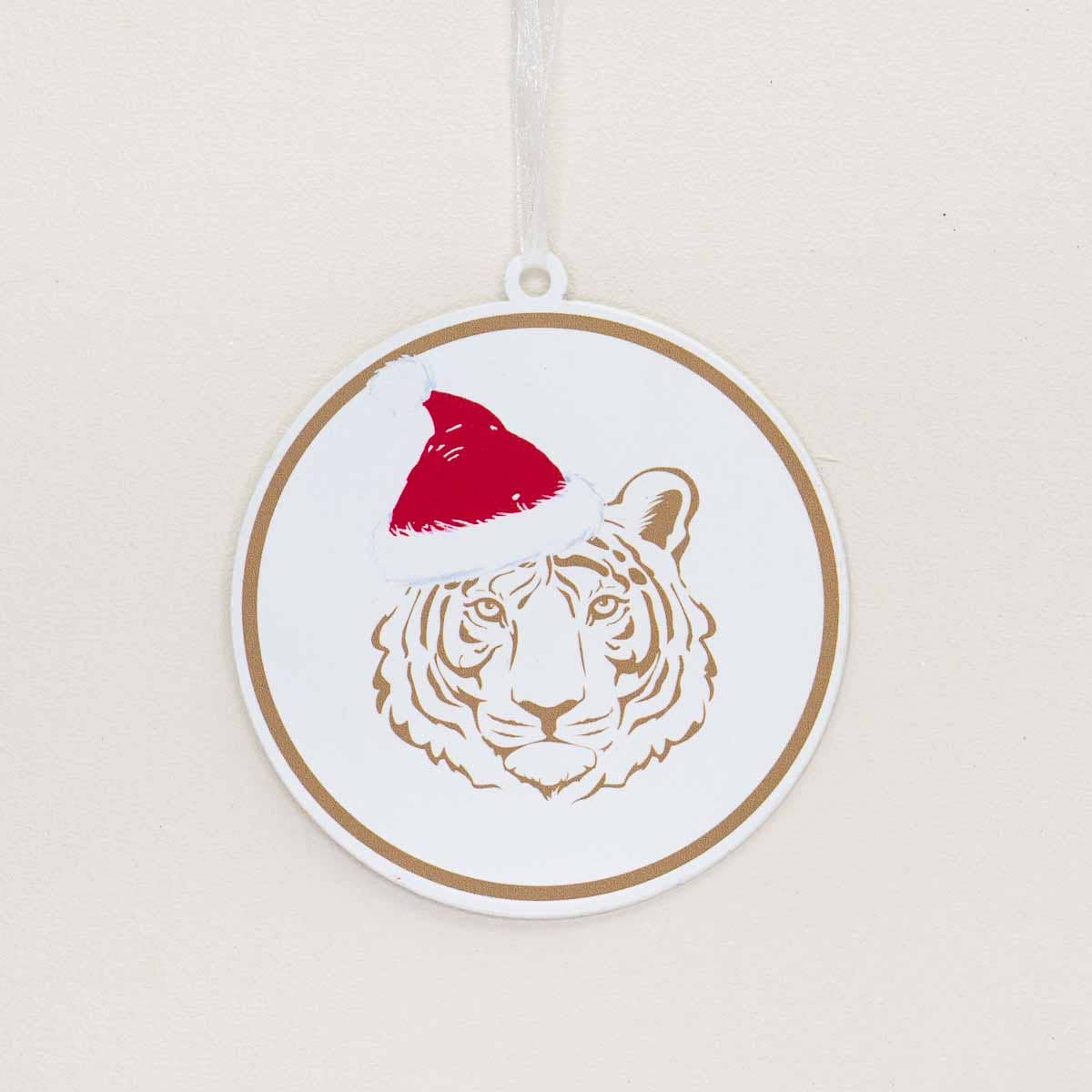 Galvanized Tiger Santa Hat Ornament White/Gold/Red 4"