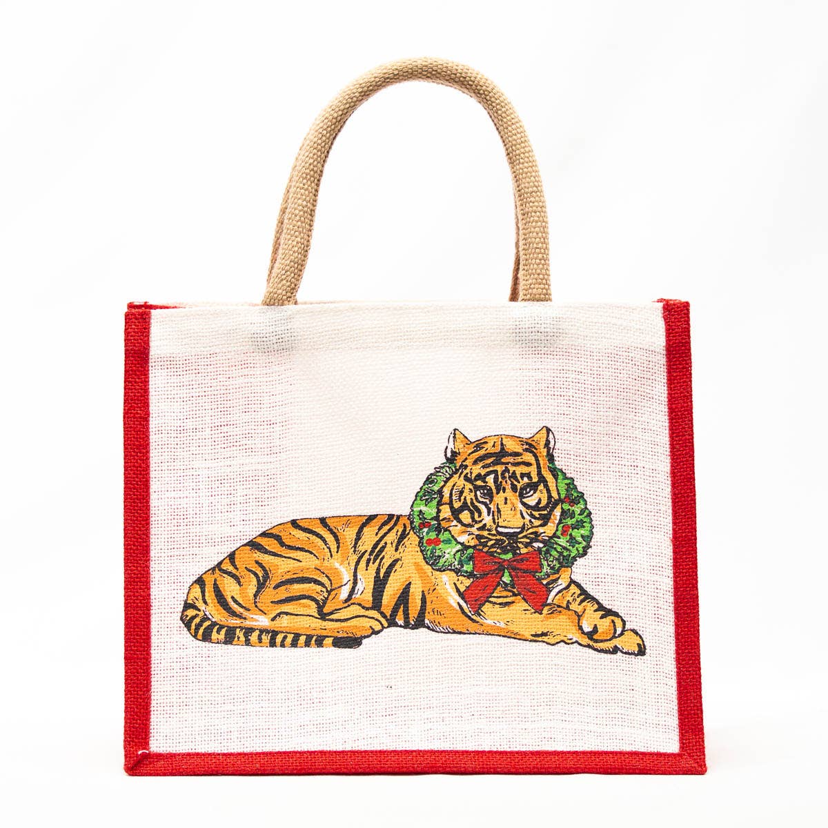 Christmas Wreath Tiger Gift Tote White/Orange/Red 12x10x8